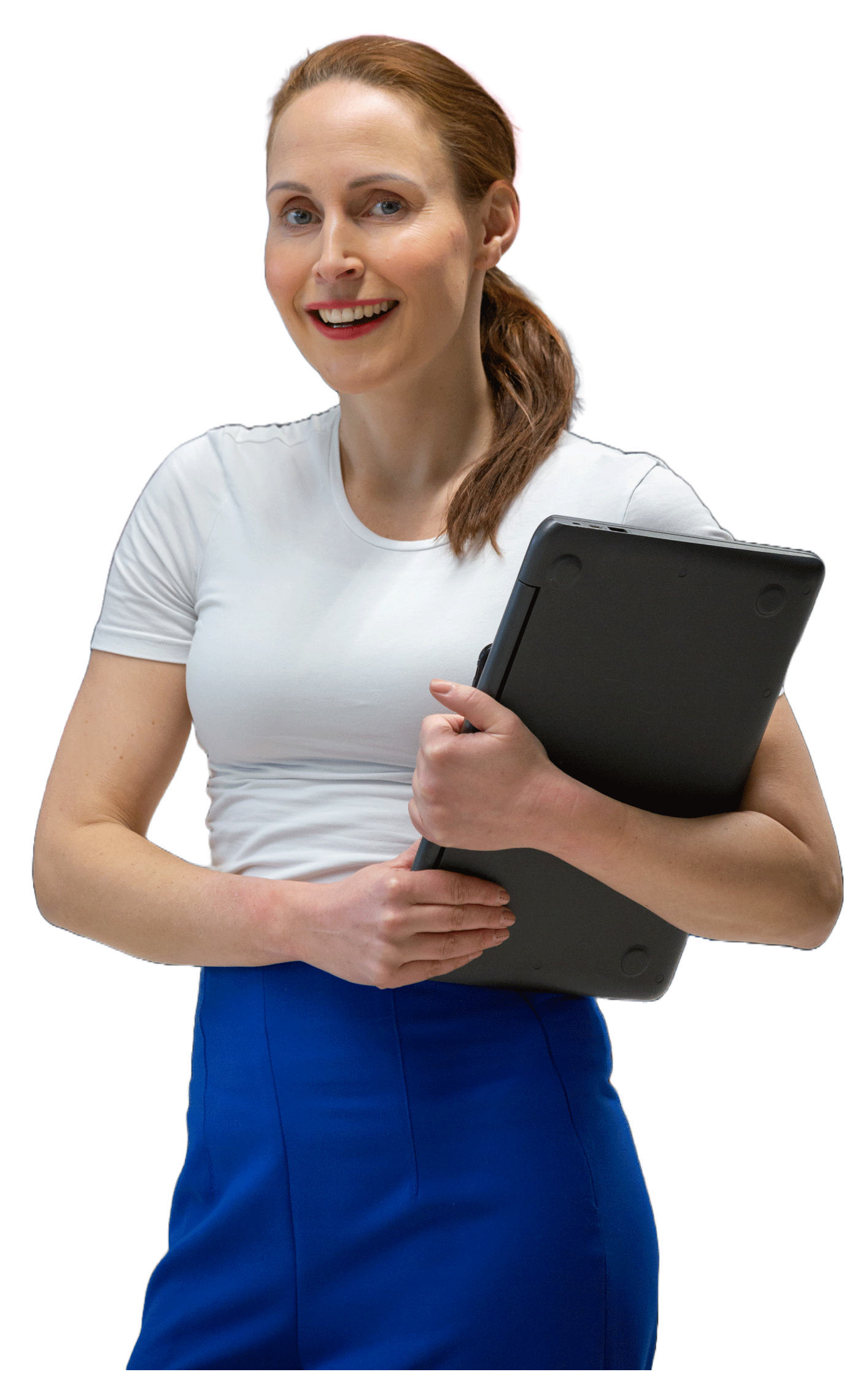 Marianna is smiling, holding her laptop